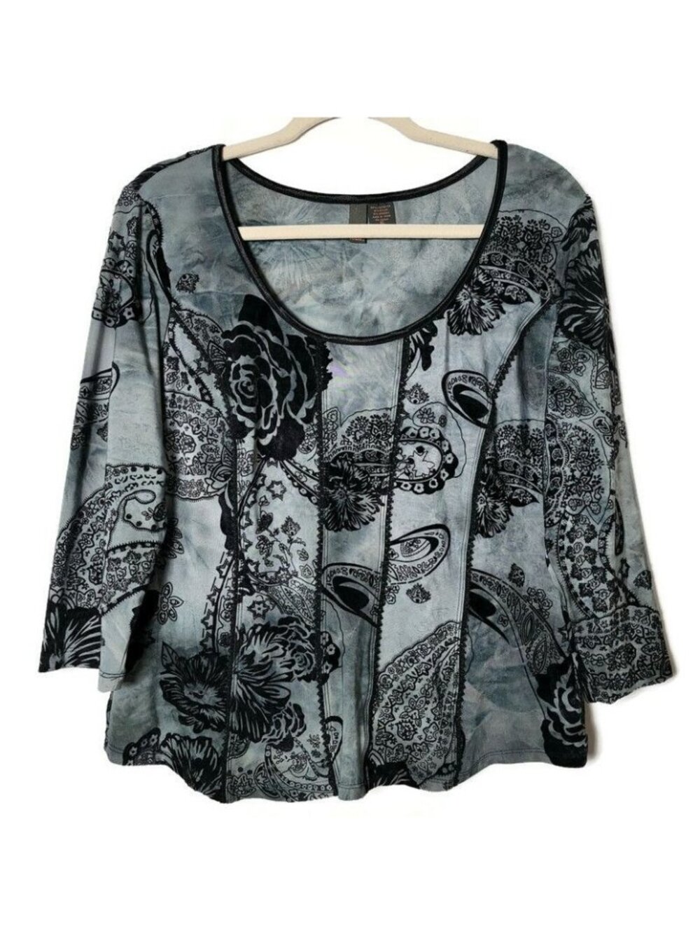 Y2K Serenade Womens Velvet Burnout Floral Paisley Whimsigoth 3/4 Sleeve Top XL